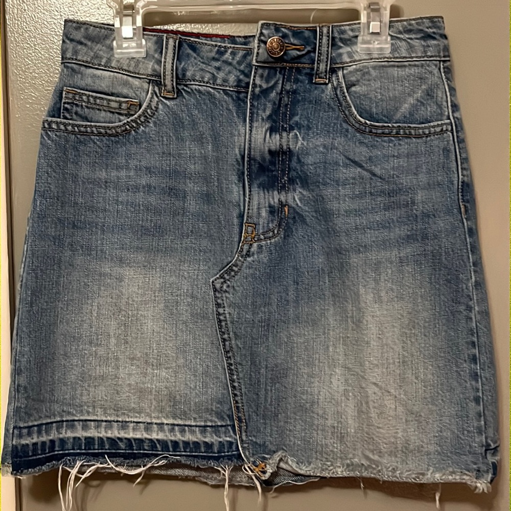 Cello denim, asymmetric skirt